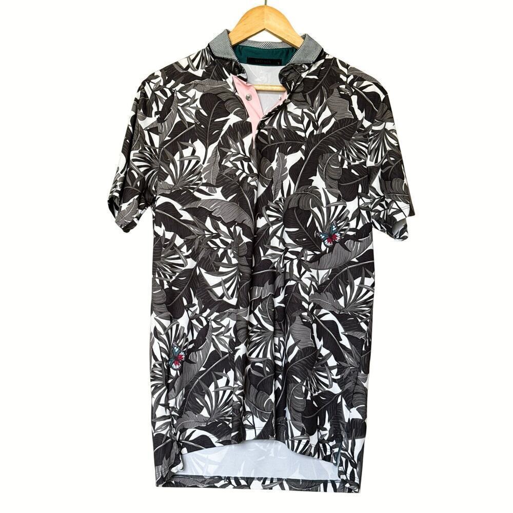 Greyson Golf Polo Shirt Men’s Size S Floral Butterfly Gray Arctic Lost World EUC